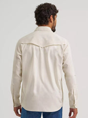 Wrangler 112360557 Mens ATG Drover Utility Shirt Pelican Beige back view. If you need any assistance with this item or the purchase of this item please call us at five six one seven four eight eight eight zero one Monday through Saturday 10:00a.m EST to 8:00 p.m EST
