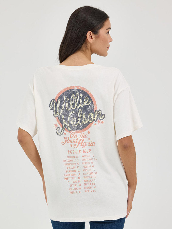 Wrangler 112361042 Womens Willie Nelson Oversized Band Tee Marshmallow Ivory front view. If you need any assistance with this item or the purchase of this item please call us at five six one seven four eight eight eight zero one Monday through Saturday 10:00a.m EST to 8:00 p.m EST
