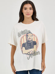 Wrangler 112361042 Womens Willie Nelson Oversized Band Tee Marshmallow Ivory front view. If you need any assistance with this item or the purchase of this item please call us at five six one seven four eight eight eight zero one Monday through Saturday 10:00a.m EST to 8:00 p.m EST
