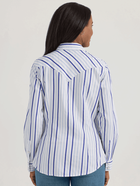 Wrangler 112361185 Womens Retro Western Dress Snap Shirt Blue back view. If you need any assistance with this item or the purchase of this item please call us at five six one seven four eight eight eight zero one Monday through Saturday 10:00a.m EST to 8:00 p.m EST