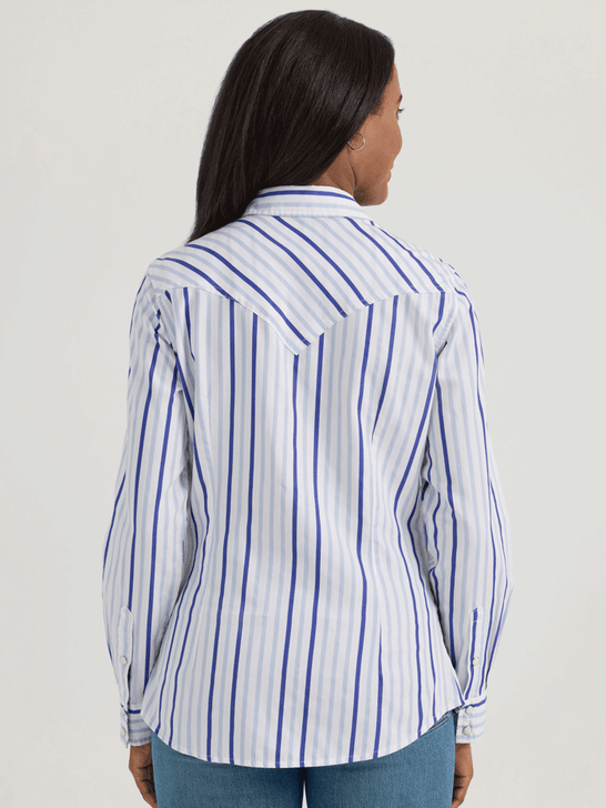 Wrangler 112361185 Womens Retro Western Dress Snap Shirt Blue back view. If you need any assistance with this item or the purchase of this item please call us at five six one seven four eight eight eight zero one Monday through Saturday 10:00a.m EST to 8:00 p.m EST