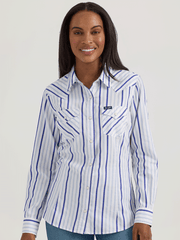 Wrangler 112361185 Womens Retro Western Dress Snap Shirt Blue front view. If you need any assistance with this item or the purchase of this item please call us at five six one seven four eight eight eight zero one Monday through Saturday 10:00a.m EST to 8:00 p.m EST