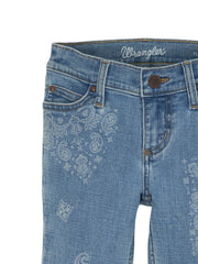 Wrangler 112361274 Girls Western Flare Slim Jean Light Blue close up. If you need any assistance with this item or the purchase of this item please call us at five six one seven four eight eight eight zero one Monday through Saturday 10:00a.m EST to 8:00 p.m EST