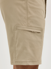 Wrangler 112361461 Mens ATG -X- Harbor Short Aluminum Tan side pocket close up view. If you need any assistance with this item or the purchase of this item please call us at five six one seven four eight eight eight zero one Monday through Saturday 10:00a.m EST to 8:00 p.m EST

