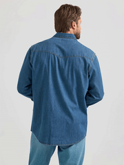 Wrangler 112361701 Mens Classic Denim Western Snap Shirt Mid Wash Denim back view. If you need any assistance with this item or the purchase of this item please call us at five six one seven four eight eight eight zero one Monday through Saturday 10:00a.m EST to 8:00 p.m EST