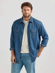 Wrangler 112361701 Mens Classic Denim Western Snap Shirt Mid Wash Denim front view. If you need any assistance with this item or the purchase of this item please call us at five six one seven four eight eight eight zero one Monday through Saturday 10:00a.m EST to 8:00 p.m EST