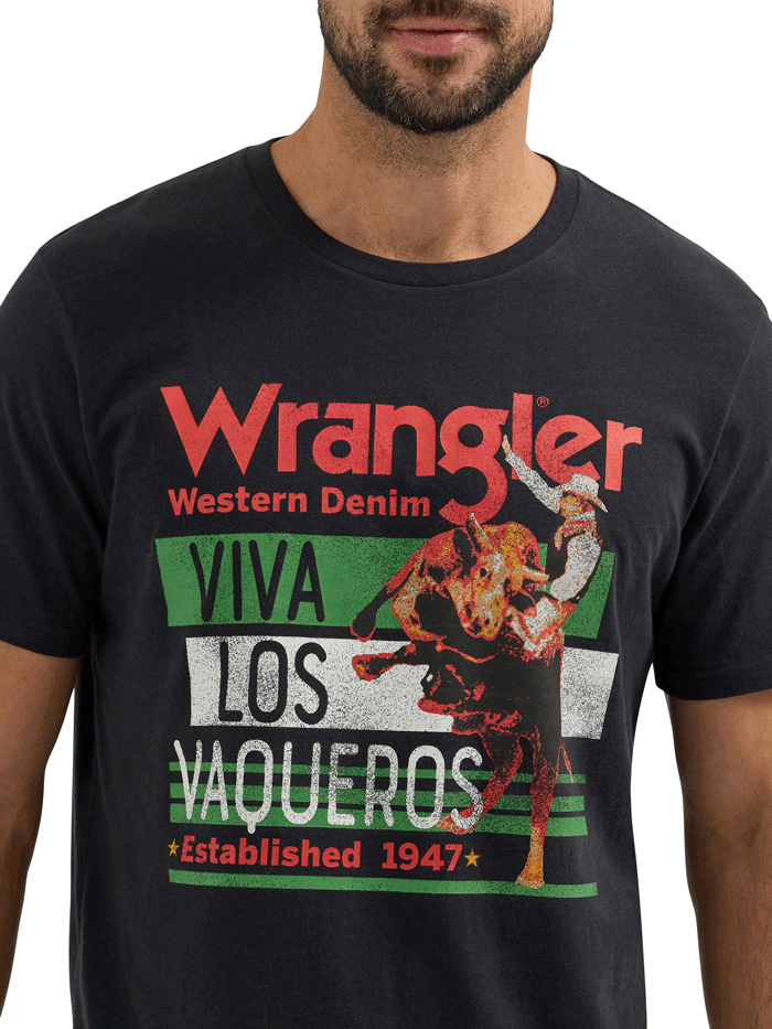 Wrangler 112361850 Mens Viva Los Vaqueros Graphic T-Shirt Washed Black front view. If you need any assistance with this item or the purchase of this item please call us at five six one seven four eight eight eight zero one Monday through Saturday 10:00a.m EST to 8:00 p.m EST

