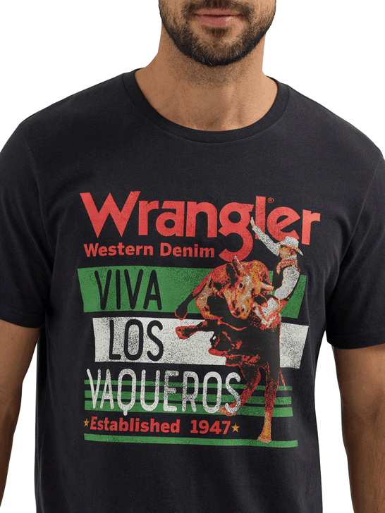 Wrangler 112361850 Mens Viva Los Vaqueros Graphic T-Shirt Washed Black front graphic close up. If you need any assistance with this item or the purchase of this item please call us at five six one seven four eight eight eight zero one Monday through Saturday 10:00a.m EST to 8:00 p.m EST

