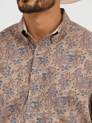 Wrangler 112365403 Mens George Strait Collection Long Sleeve Shirt Brown front close up. If you need any assistance with this item or the purchase of this item please call us at five six one seven four eight eight eight zero one Monday through Saturday 10:00a.m EST to 8:00 p.m EST

