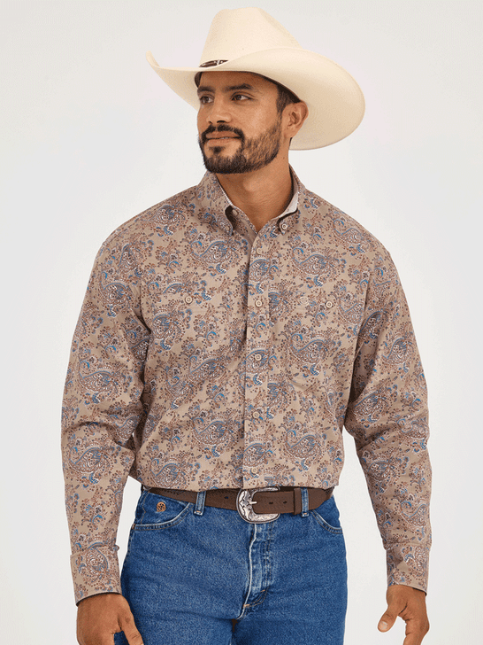 Wrangler 112365403 Mens George Strait Collection Long Sleeve Shirt Brown front view. If you need any assistance with this item or the purchase of this item please call us at five six one seven four eight eight eight zero one Monday through Saturday 10:00a.m EST to 8:00 p.m EST

