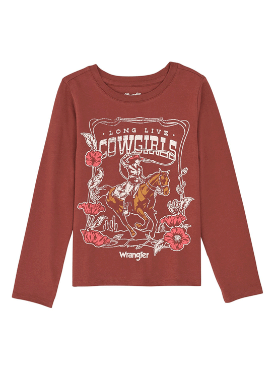 Wrangler 112367400 Girls Long Sleeve Graphic T-Shirt Brown front view. If you need any assistance with this item or the purchase of this item please call us at five six one seven four eight eight eight zero one Monday through Saturday 10:00a.m EST to 8:00 p.m EST