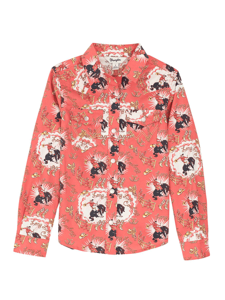 Wrangler 112367473 Kids Western Snap Shirt Coral front view. If you need any assistance with this item or the purchase of this item please call us at five six one seven four eight eight eight zero one Monday through Saturday 10:00a.m EST to 8:00 p.m EST