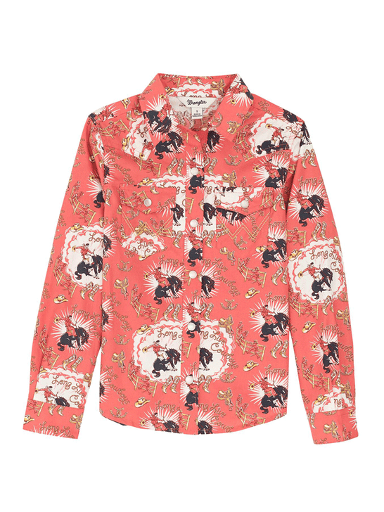 Wrangler 112367473 Kids Western Snap Shirt Coral front view. If you need any assistance with this item or the purchase of this item please call us at five six one seven four eight eight eight zero one Monday through Saturday 10:00a.m EST to 8:00 p.m EST