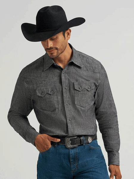 Wrangler 112368068 Mens Cody Johnson Snap Long Sleeve Shirt Black front view. If you need any assistance with this item or the purchase of this item please call us at five six one seven four eight eight eight zero one Monday through Saturday 10:00a.m EST to 8:00 p.m EST