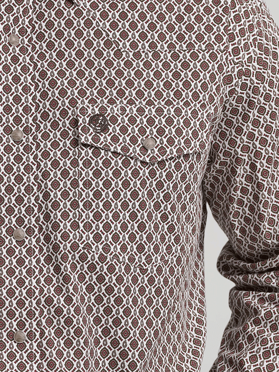 Wrangler 112368211 Mens George Strait Collection Long Sleeve Shirt Brown front close up view. If you need any assistance with this item or the purchase of this item please call us at five six one seven four eight eight eight zero one Monday through Saturday 10:00a.m EST to 8:00 p.m EST