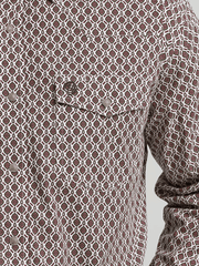 Wrangler 112368211 Mens George Strait Collection Long Sleeve Shirt Brown front close up view. If you need any assistance with this item or the purchase of this item please call us at five six one seven four eight eight eight zero one Monday through Saturday 10:00a.m EST to 8:00 p.m EST