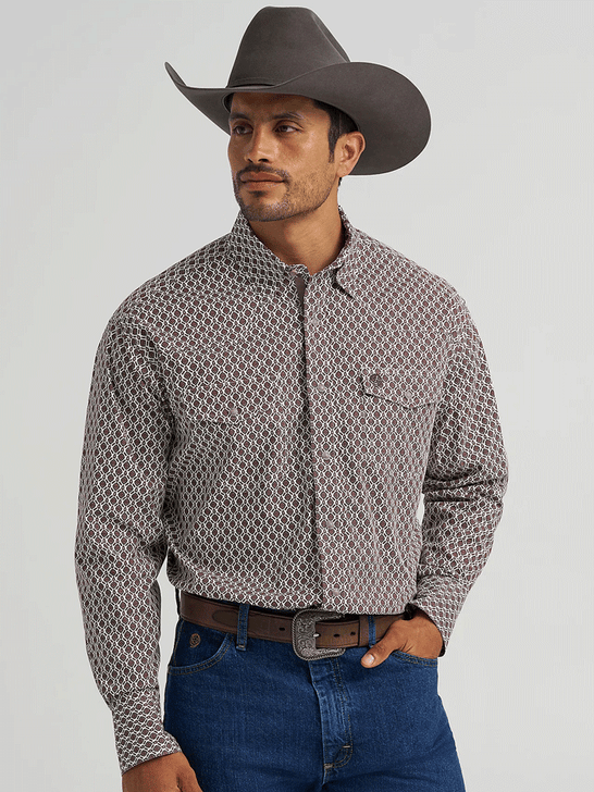 Wrangler 112368211 Mens George Strait Collection Long Sleeve Shirt Brown front view.If you need any assistance with this item or the purchase of this item please call us at five six one seven four eight eight eight zero one Monday through Saturday 10:00a.m EST to 8:00 p.m EST