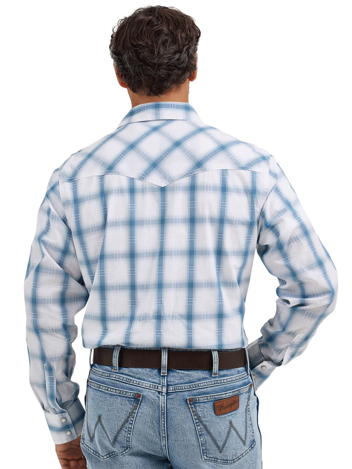 Wrangler 112368522 Mens Retro Long Sleeve Plaid Shirt Light Blue front view.If you need any assistance with this item or the purchase of this item please call us at five six one seven four eight eight eight zero one Monday through Saturday 10:00a.m EST to 8:00 p.m EST