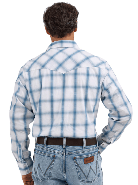 Wrangler 112368522 Mens Retro Long Sleeve Plaid Shirt Light Blue back view. If you need any assistance with this item or the purchase of this item please call us at five six one seven four eight eight eight zero one Monday through Saturday 10:00a.m EST to 8:00 p.m EST