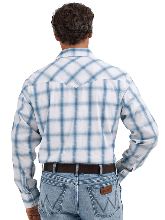 Wrangler 112368522 Mens Retro Long Sleeve Plaid Shirt Light Blue back view. If you need any assistance with this item or the purchase of this item please call us at five six one seven four eight eight eight zero one Monday through Saturday 10:00a.m EST to 8:00 p.m EST