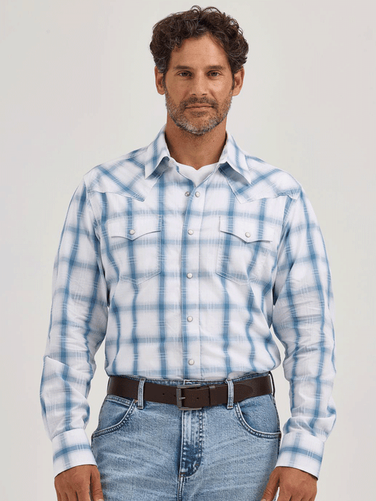 Wrangler 112368522 Mens Retro Long Sleeve Plaid Shirt Light Blue front view.If you need any assistance with this item or the purchase of this item please call us at five six one seven four eight eight eight zero one Monday through Saturday 10:00a.m EST to 8:00 p.m EST