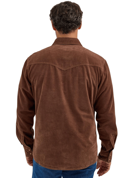 Wrangler 112368537 Mens Retro Long Sleeve Corduroy Shirt Brown back view. If you need any assistance with this item or the purchase of this item please call us at five six one seven four eight eight eight zero one Monday through Saturday 10:00a.m EST to 8:00 p.m EST