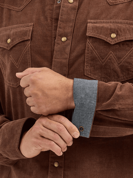 Wrangler 112368537 Mens Retro Long Sleeve Corduroy Shirt Brown cuff view. If you need any assistance with this item or the purchase of this item please call us at five six one seven four eight eight eight zero one Monday through Saturday 10:00a.m EST to 8:00 p.m EST