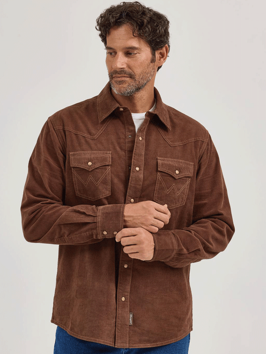 Wrangler 112368537 Mens Retro Long Sleeve Corduroy Shirt Brown front view.If you need any assistance with this item or the purchase of this item please call us at five six one seven four eight eight eight zero one Monday through Saturday 10:00a.m EST to 8:00 p.m EST