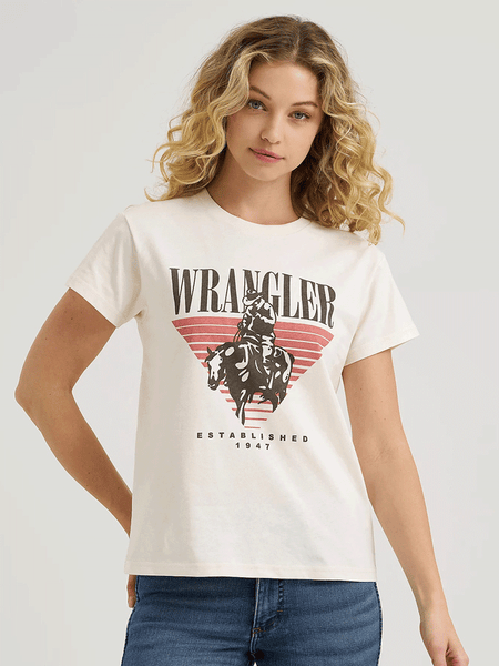 Wrangler 112368864 Womens Graphic Retro Regular Fit Tee Cream front view. If you need any assistance with this item or the purchase of this item please call us at five six one seven four eight eight eight zero one Monday through Saturday 10:00a.m EST to 8:00 p.m EST