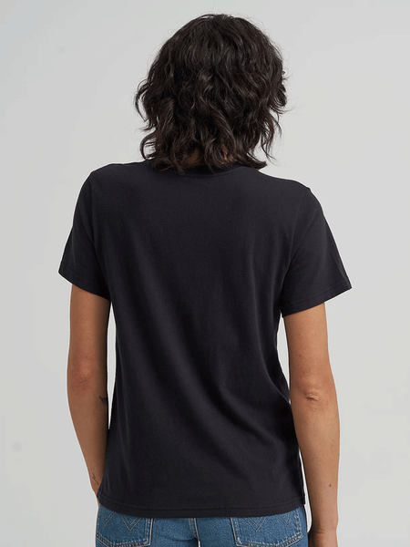 Wrangler 112368879 Womens Nostalgia Logo Regular Fit Tee Black back view. If you need any assistance with this item or the purchase of this item please call us at five six one seven four eight eight eight zero one Monday through Saturday 10:00a.m EST to 8:00 p.m EST