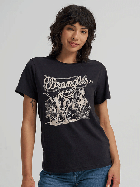 Wrangler 112368879 Womens Nostalgia Logo Regular Fit Tee Black front view. If you need any assistance with this item or the purchase of this item please call us at five six one seven four eight eight eight zero one Monday through Saturday 10:00a.m EST to 8:00 p.m EST