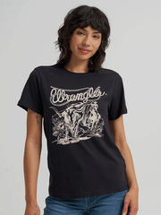 Wrangler 112368879 Womens Nostalgia Logo Regular Fit Tee Black front view. If you need any assistance with this item or the purchase of this item please call us at five six one seven four eight eight eight zero one Monday through Saturday 10:00a.m EST to 8:00 p.m EST