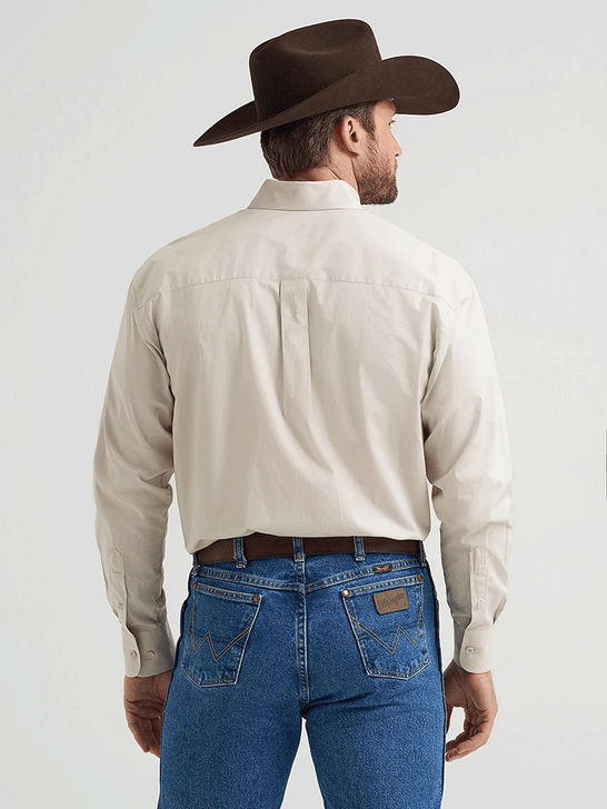 Wrangler 112369608 Mens George Strait Collection Long Sleeve Shirt Pale Stone back view. If you need any assistance with this item or the purchase of this item please call us at five six one seven four eight eight eight zero one Monday through Saturday 10:00a.m EST to 8:00 p.m EST
