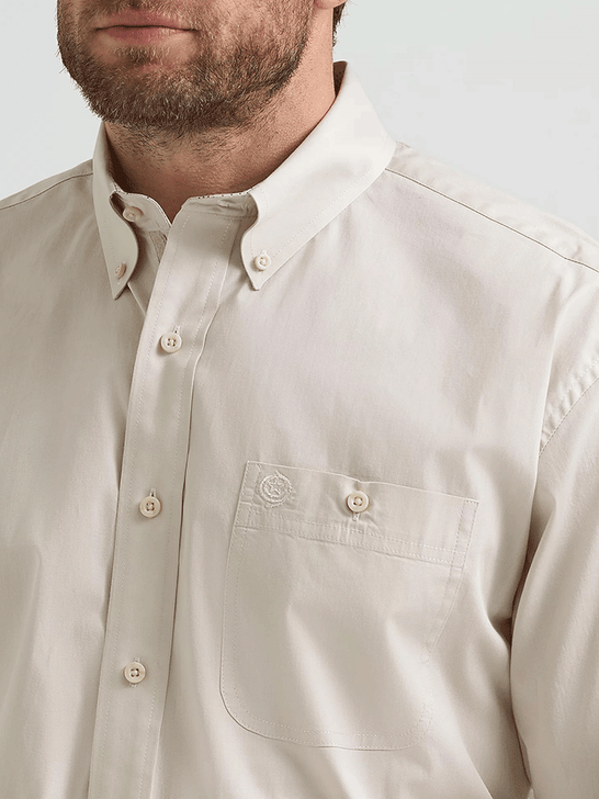 Wrangler 112369608 Mens George Strait Collection Long Sleeve Shirt Pale Stone front close up. If you need any assistance with this item or the purchase of this item please call us at five six one seven four eight eight eight zero one Monday through Saturday 10:00a.m EST to 8:00 p.m EST