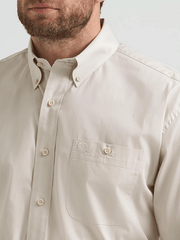 Wrangler 112369608 Mens George Strait Collection Long Sleeve Shirt Pale Stone front close up. If you need any assistance with this item or the purchase of this item please call us at five six one seven four eight eight eight zero one Monday through Saturday 10:00a.m EST to 8:00 p.m EST