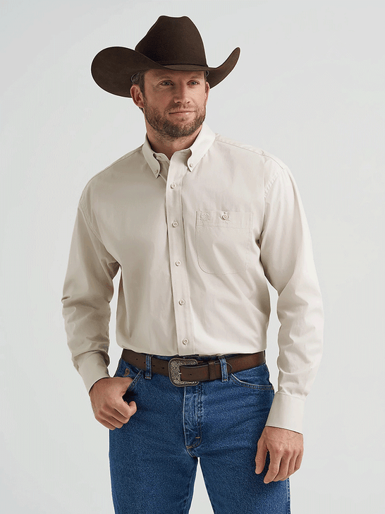 Wrangler 112369608 Mens George Strait Collection Long Sleeve Shirt Pale Stone front view. If you need any assistance with this item or the purchase of this item please call us at five six one seven four eight eight eight zero one Monday through Saturday 10:00a.m EST to 8:00 p.m EST