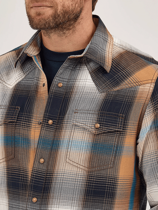 Wrangler 112369842 Mens Retro Premium Long Sleeve Plaid Shirt Bold Brown close up. If you need any assistance with this item or the purchase of this item please call us at five six one seven four eight eight eight zero one Monday through Saturday 10:00a.m EST to 8:00 p.m EST