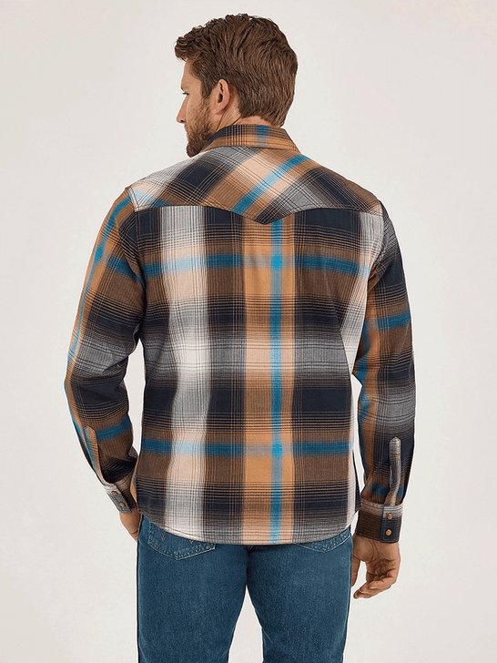 Wrangler 112369842 Mens Retro Premium Long Sleeve Plaid Shirt Bold Brown back view. If you need any assistance with this item or the purchase of this item please call us at five six one seven four eight eight eight zero one Monday through Saturday 10:00a.m EST to 8:00 p.m EST