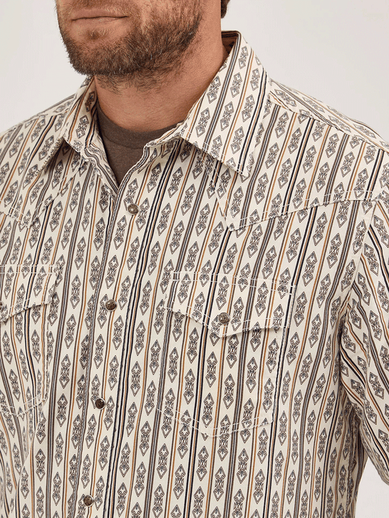 Wrangler 112369843 Mens Retro Premium Long Sleeve Stripe Shirt Ecru Natural front close up. If you need any assistance with this item or the purchase of this item please call us at five six one seven four eight eight eight zero one Monday through Saturday 10:00a.m EST to 8:00 p.m EST