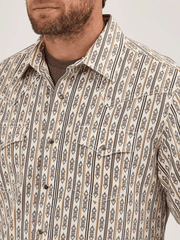 Wrangler 112369843 Mens Retro Premium Long Sleeve Stripe Shirt Ecru Natural front close up. If you need any assistance with this item or the purchase of this item please call us at five six one seven four eight eight eight zero one Monday through Saturday 10:00a.m EST to 8:00 p.m EST