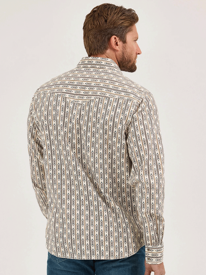 Wrangler 112369843 Mens Retro Premium Long Sleeve Stripe Shirt Ecru Natural front view. If you need any assistance with this item or the purchase of this item please call us at five six one seven four eight eight eight zero one Monday through Saturday 10:00a.m EST to 8:00 p.m EST
