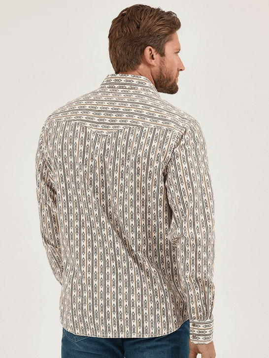 Wrangler 112369843 Mens Retro Premium Long Sleeve Stripe Shirt Ecru Natural back view.If you need any assistance with this item or the purchase of this item please call us at five six one seven four eight eight eight zero one Monday through Saturday 10:00a.m EST to 8:00 p.m EST
