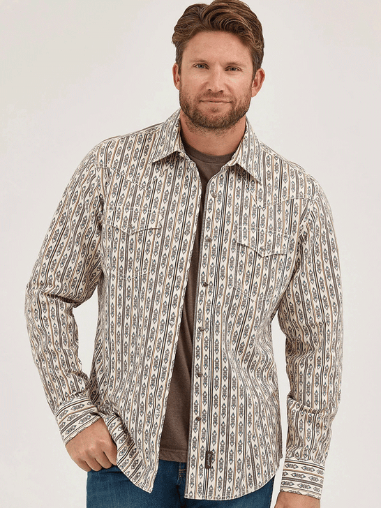 Wrangler 112369843 Mens Retro Premium Long Sleeve Stripe Shirt Ecru Natural front view. If you need any assistance with this item or the purchase of this item please call us at five six one seven four eight eight eight zero one Monday through Saturday 10:00a.m EST to 8:00 p.m EST
