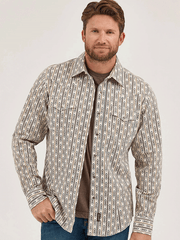 Wrangler 112369843 Mens Retro Premium Long Sleeve Stripe Shirt Ecru Natural front view. If you need any assistance with this item or the purchase of this item please call us at five six one seven four eight eight eight zero one Monday through Saturday 10:00a.m EST to 8:00 p.m EST
