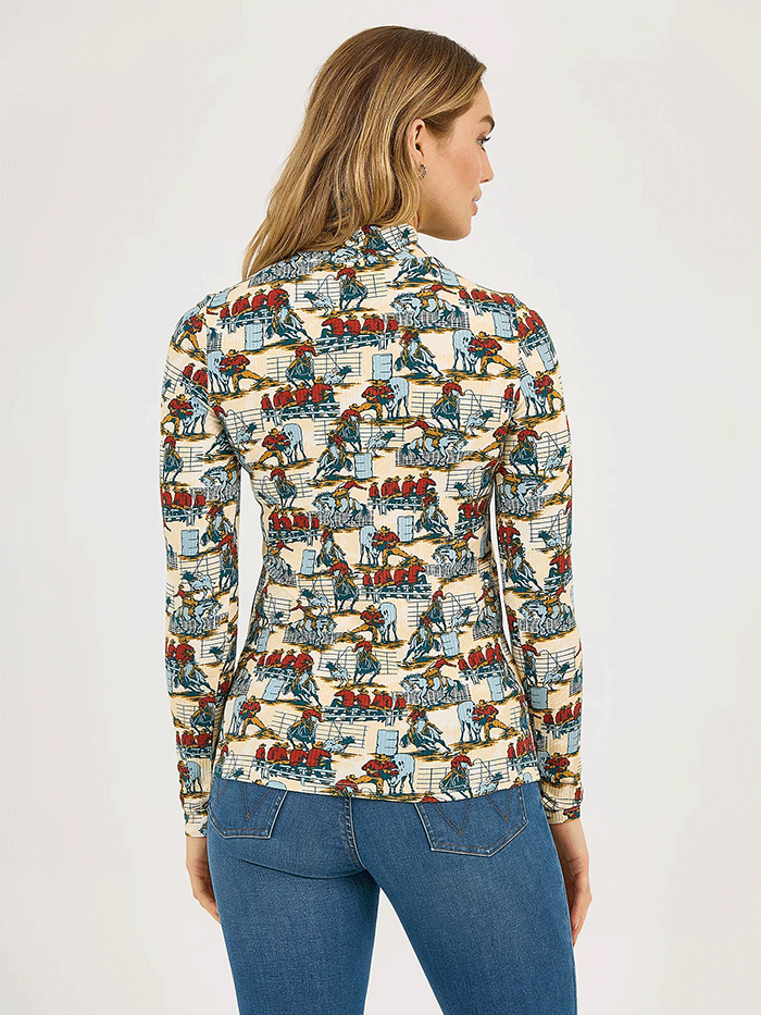 Wrangler 112371629 Womens Western Print Mock Neck Shirt Blue front view. If you need any assistance with this item or the purchase of this item please call us at five six one seven four eight eight eight zero one Monday through Saturday 10:00a.m EST to 8:00 p.m EST