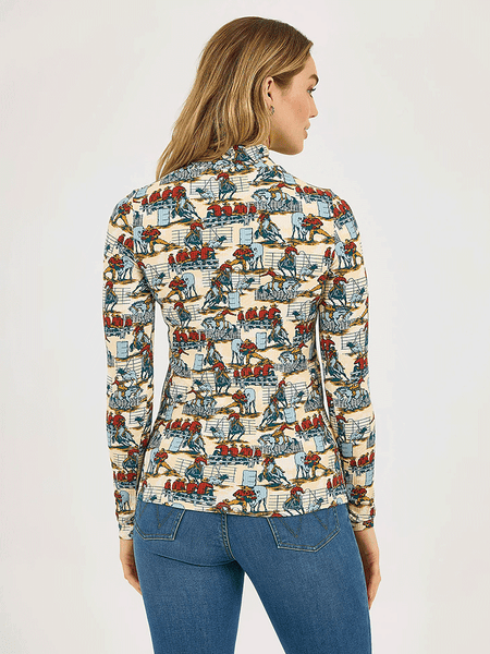 Wrangler 112371629 Womens Western Print Mock Neck Shirt Blue back view. If you need any assistance with this item or the purchase of this item please call us at five six one seven four eight eight eight zero one Monday through Saturday 10:00a.m EST to 8:00 p.m EST