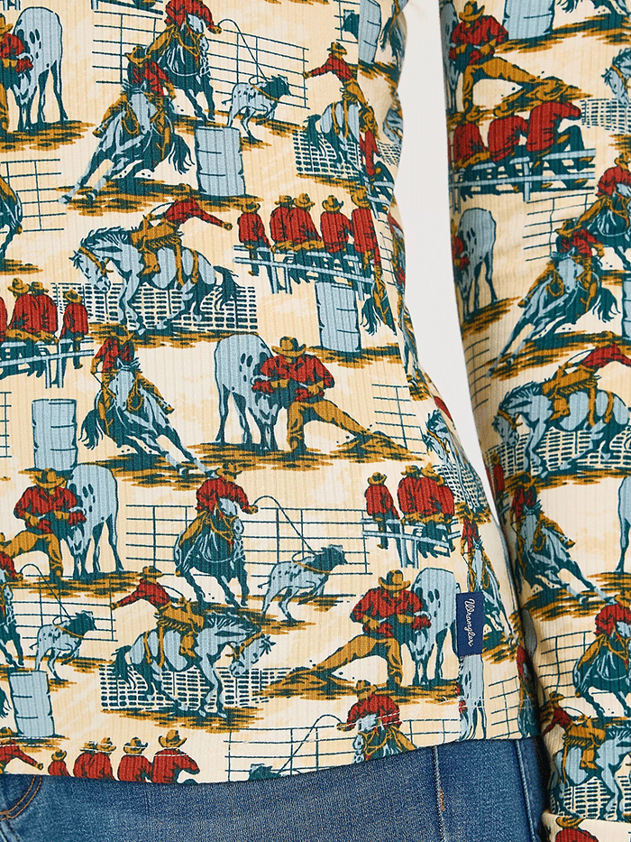 Wrangler 112371629 Womens Western Print Mock Neck Shirt Blue front view. If you need any assistance with this item or the purchase of this item please call us at five six one seven four eight eight eight zero one Monday through Saturday 10:00a.m EST to 8:00 p.m EST