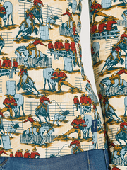 Wrangler 112371629 Womens Western Print Mock Neck Shirt Blue close up. If you need any assistance with this item or the purchase of this item please call us at five six one seven four eight eight eight zero one Monday through Saturday 10:00a.m EST to 8:00 p.m EST