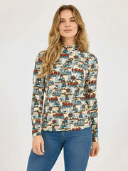 Wrangler 112371629 Womens Western Print Mock Neck Shirt Blue front view. If you need any assistance with this item or the purchase of this item please call us at five six one seven four eight eight eight zero one Monday through Saturday 10:00a.m EST to 8:00 p.m EST