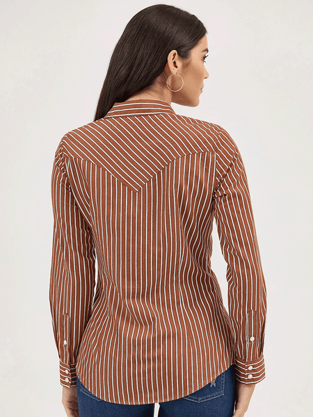Wrangler 112371900 Womens All Occasion Western Stripe Shirt Copper back view. If you need any assistance with this item or the purchase of this item please call us at five six one seven four eight eight eight zero one Monday through Saturday 10:00a.m EST to 8:00 p.m EST